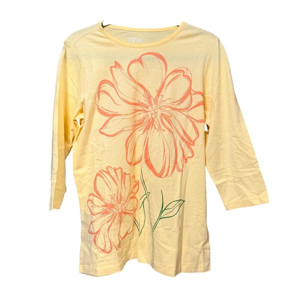 Signals Womens Yellow Floral Graphic 3/4 Sleeve Cotton Knit Top Size S